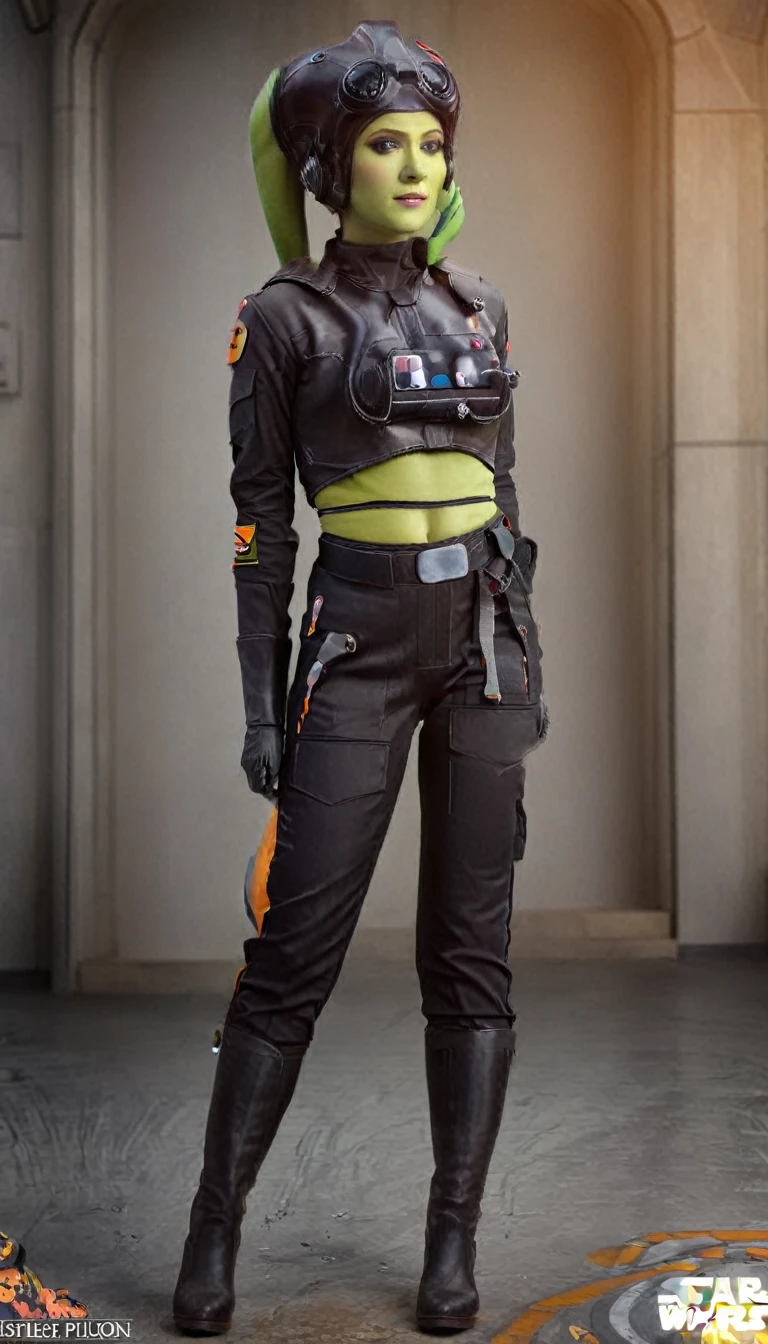 A beautiful sexy , hera syndulla, green skin (detailed realistic,4k,highres,masterpiece:1.2),Tie Pilot uniform
