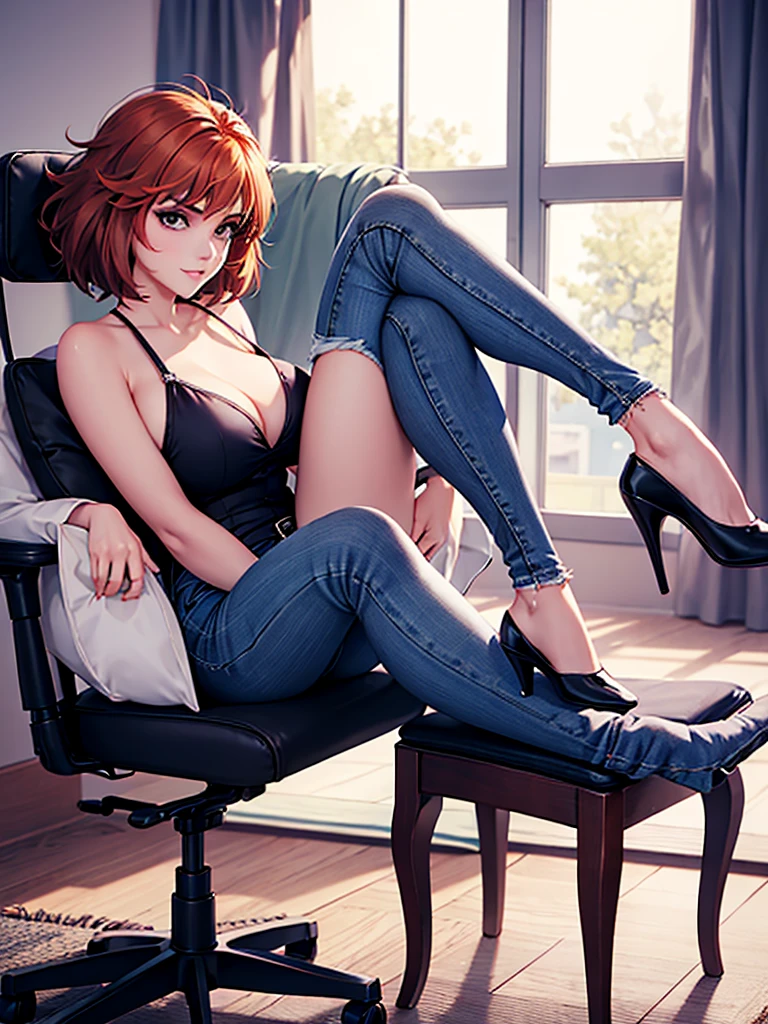 merula, sitting on a chair with her legs up, gaming chair, sexy pose, sitting pose, blue jeans, pink high heels , legs up, side view, nude tits