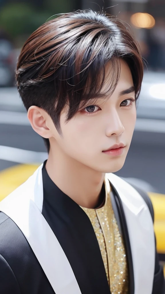 Korean star Modern hairstyle Gorgeous Flashy cute man Front face God 冠
front view