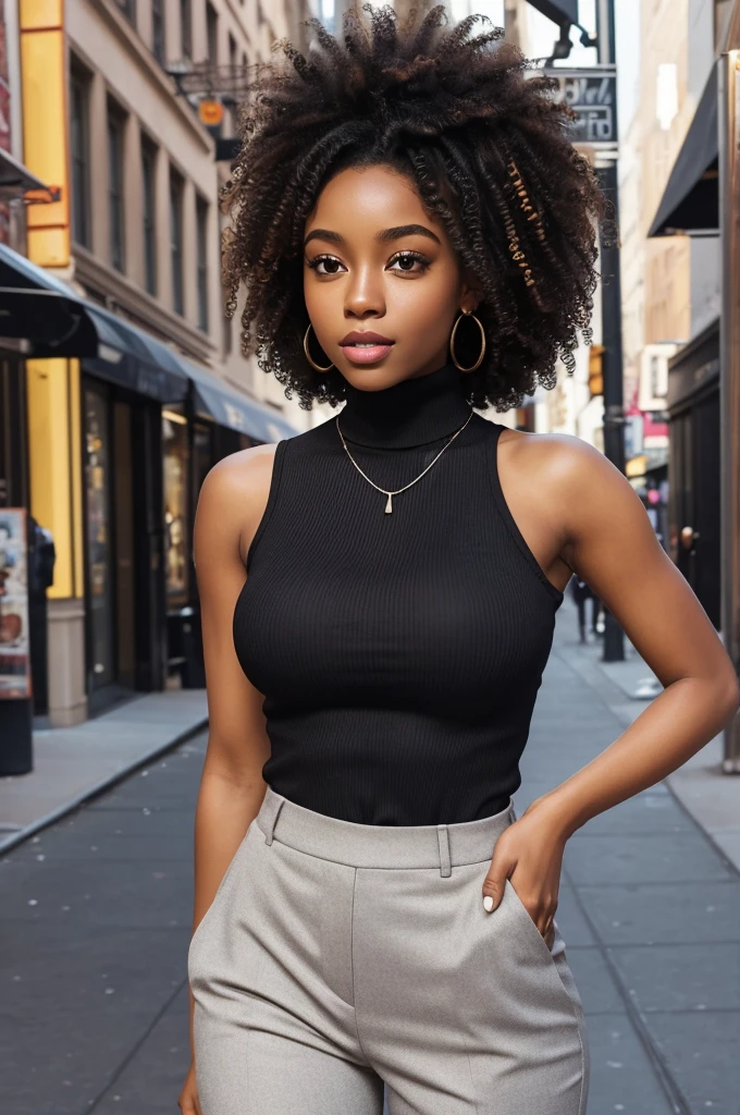 "Artwork, top quality, a beautiful 23-year-old Black woman with curly hair. She is wearing a detailed sleeveless turtleneck top, pants, and a necklace. Her wavy hair frames her perfect face, which is beautiful, seductive, with big beautiful eyes, an open mouth, and a happy expression. Her body is perfectly slim-fit. The scene is set outdoors on the streets of New York City, with bright colors."