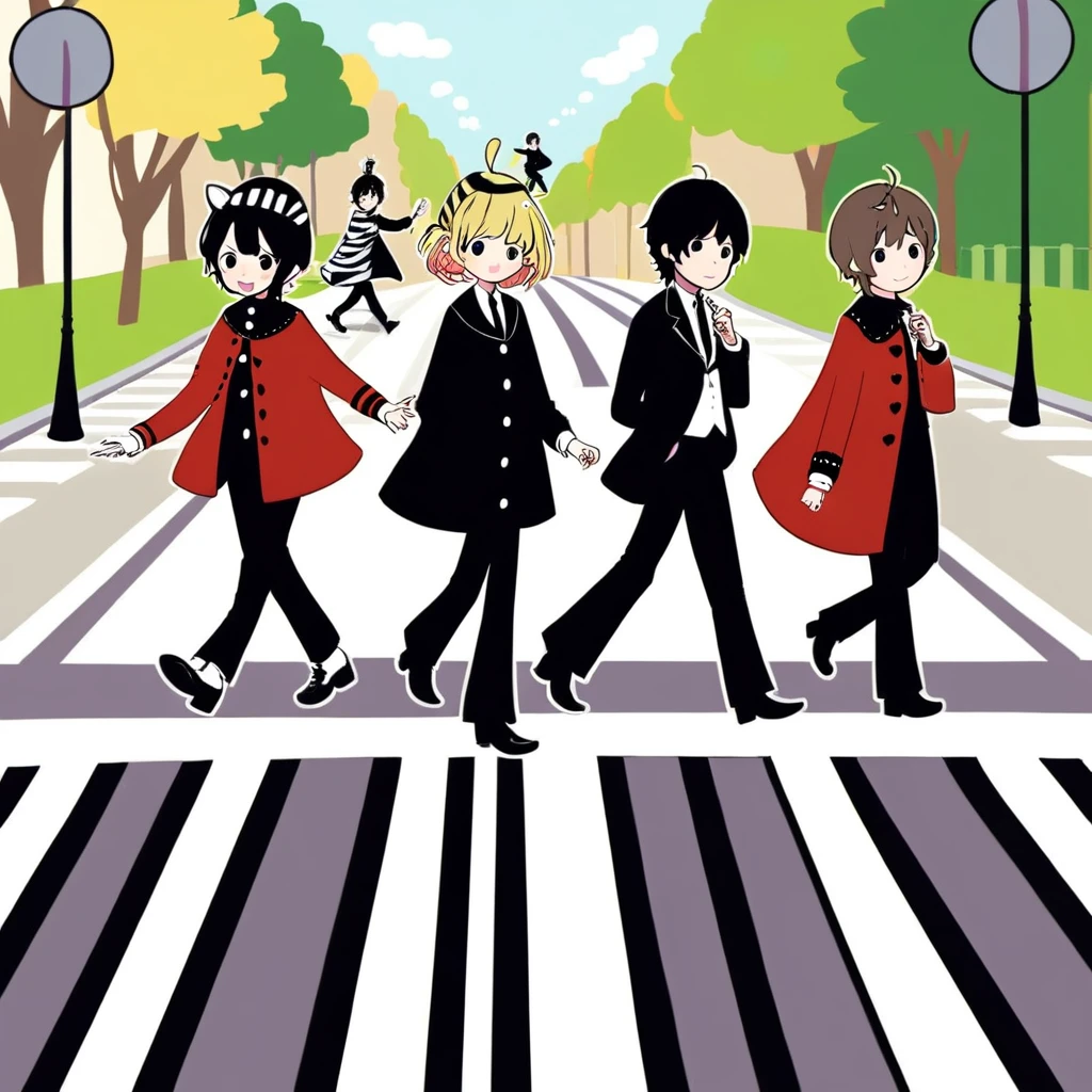 Four cute capybara, Beatles impersonation, same hairstyles and outfits, walking right on Abbey Road zebra crossing, Abbey Road is the 11th album of the British rock band The Beatles.