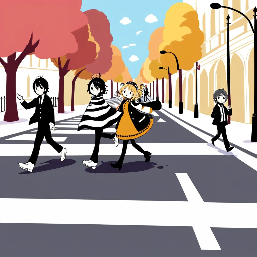 Four cute capybara, Beatles impersonation, same hairstyles and outfits, walking right on Abbey Road zebra crossing, Abbey Road is the 11th album of the British rock band The Beatles.