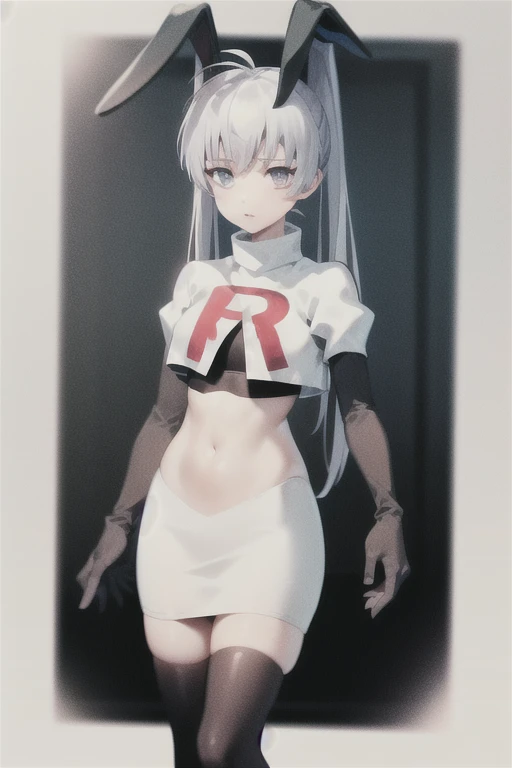 solo, Yashiro Kasumi, twintails, blue eyes, white hair, fake rabbit ears, team rocket,team rocket uniform,white skirt,red letter R,crop top,black thigh-highs,black elbow gloves
