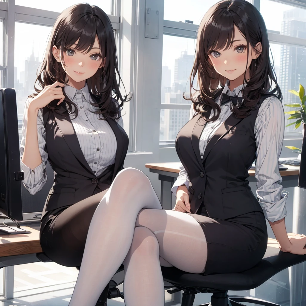 1lady sitting (crossed legs), office worker (stylish outfit), (gray vest) (pencil skirt), mature female, /(dark brown hair/) bangs, blush kind smile, (masterpiece best quality:1.2) delicate illustration ultra-detailed, large breasts, pantyhose BREAK (modern office indoors), window cityscape, detailed background