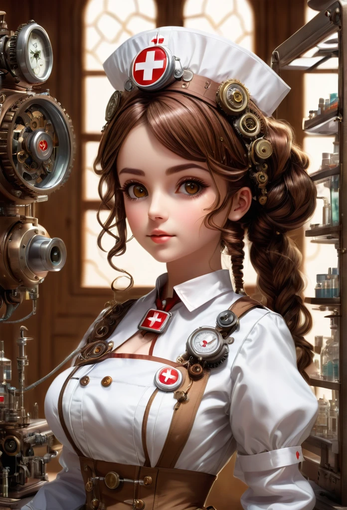 mechanism:Humanoid:((nurse)):16th century European nurse uniform:whole body,doll face:perfect face:Big brown eyes,eyelash,hide the wires in your hair,she is made of machine,steampunk elements,mechanical engineering,mechanically,mechanical,POP,cute,intricate details,Very fine,High resolution,high quality,最high quality,Clearly,Be clear,beautiful light and shadow,three-dimensional,adorable look,complex configuration,mechanism,dynamic,busy,work hard,A look that makes you want to support,medical equipment,shelf with medical supplies,medicine vial,show evidence that it is a machine,light from window