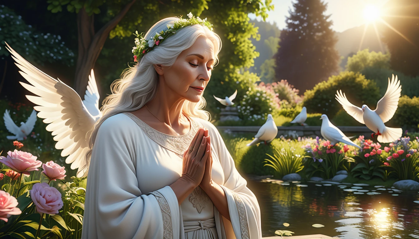"1 29 years old fully clothed beautiful angel mother with long white hairs and 2 beautifull white angelic wings, european face, praying, white clothes, large hips, big , white doves, doves in the background, serene and peaceful expression" ethereal and heavenly, 4k, high quality, intricate details, photorealistic, dramatic lighting, vibrant colors, beautifull scenerie, beautifull light, a peaceful garden, lush greenery, blooming flowers, serene atmosphere, warm sunlight, calming pond, tranquil landscape, beautiful scenery, natural environment, idyllic setting, (best quality,4k,8k,highres,masterpiece:1.2),ultra-detailed,(realistic,photorealistic,photo-realistic:1.37),landscape,vibrant colors,soft lighting,natural lighting