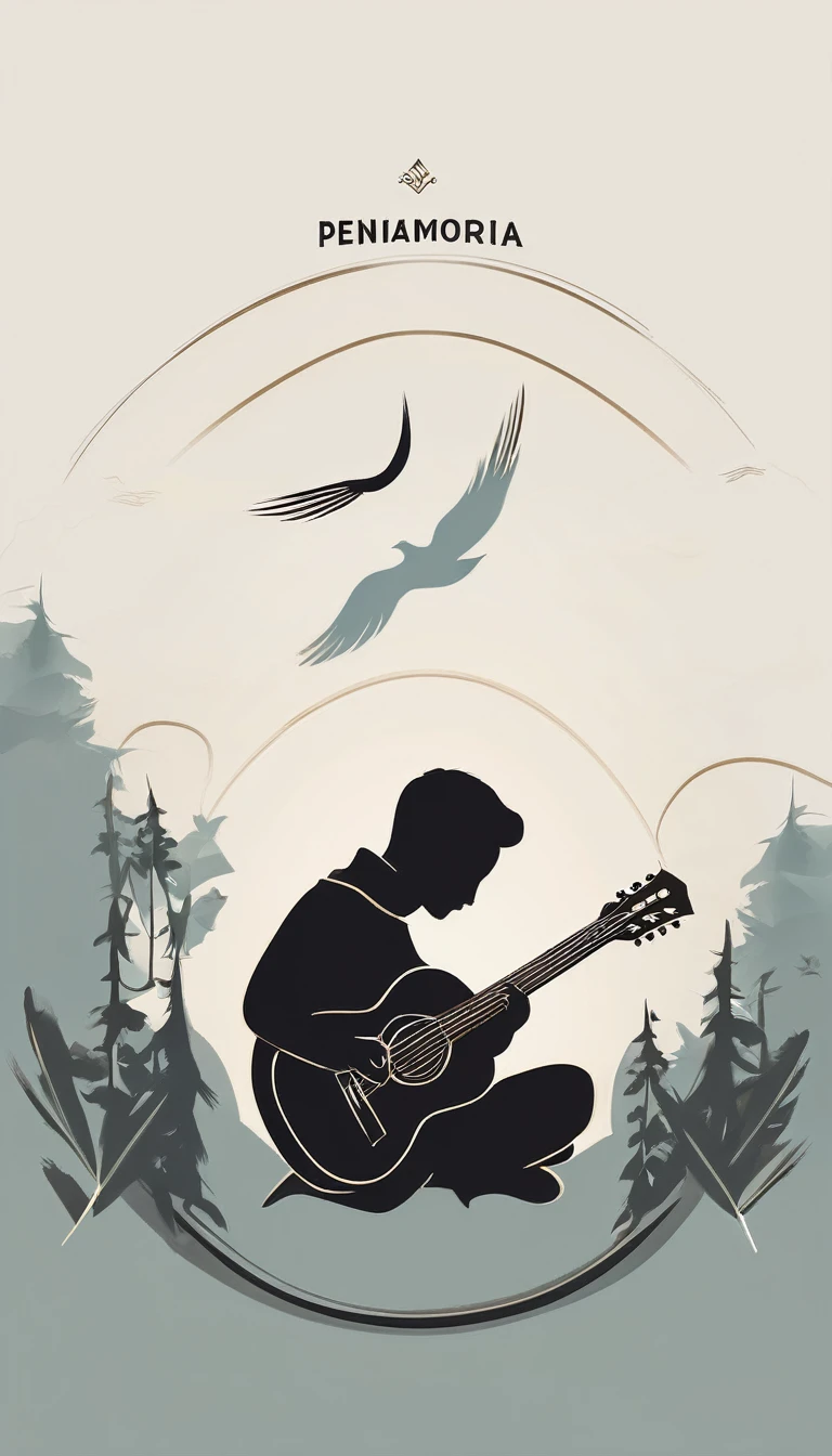 A minimal, high quality, modern, simple, cinematic icon design for the brand “Penamemoria". The logotype must be a simple, magical feather and a boy playing acoustic guitar. The logo must convey a sense of music, stories and dreams. Logo design impressed on a book cover. Minimalistic logo