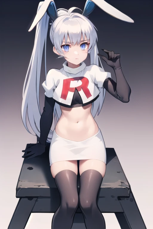 solo, Yashiro Kasumi, twintails, blue eyes, white hair, fake rabbit ears, team rocket,team rocket uniform,white skirt,red letter R,crop top,black thigh-highs,black elbow gloves