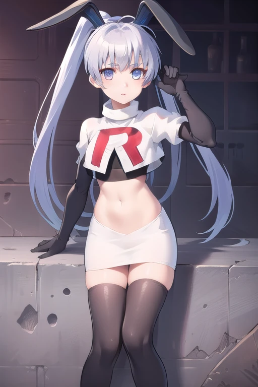 solo, Yashiro Kasumi, twintails, blue eyes, white hair, fake rabbit ears, team rocket,team rocket uniform,white skirt,red letter R,crop top,black thigh-highs,black elbow gloves