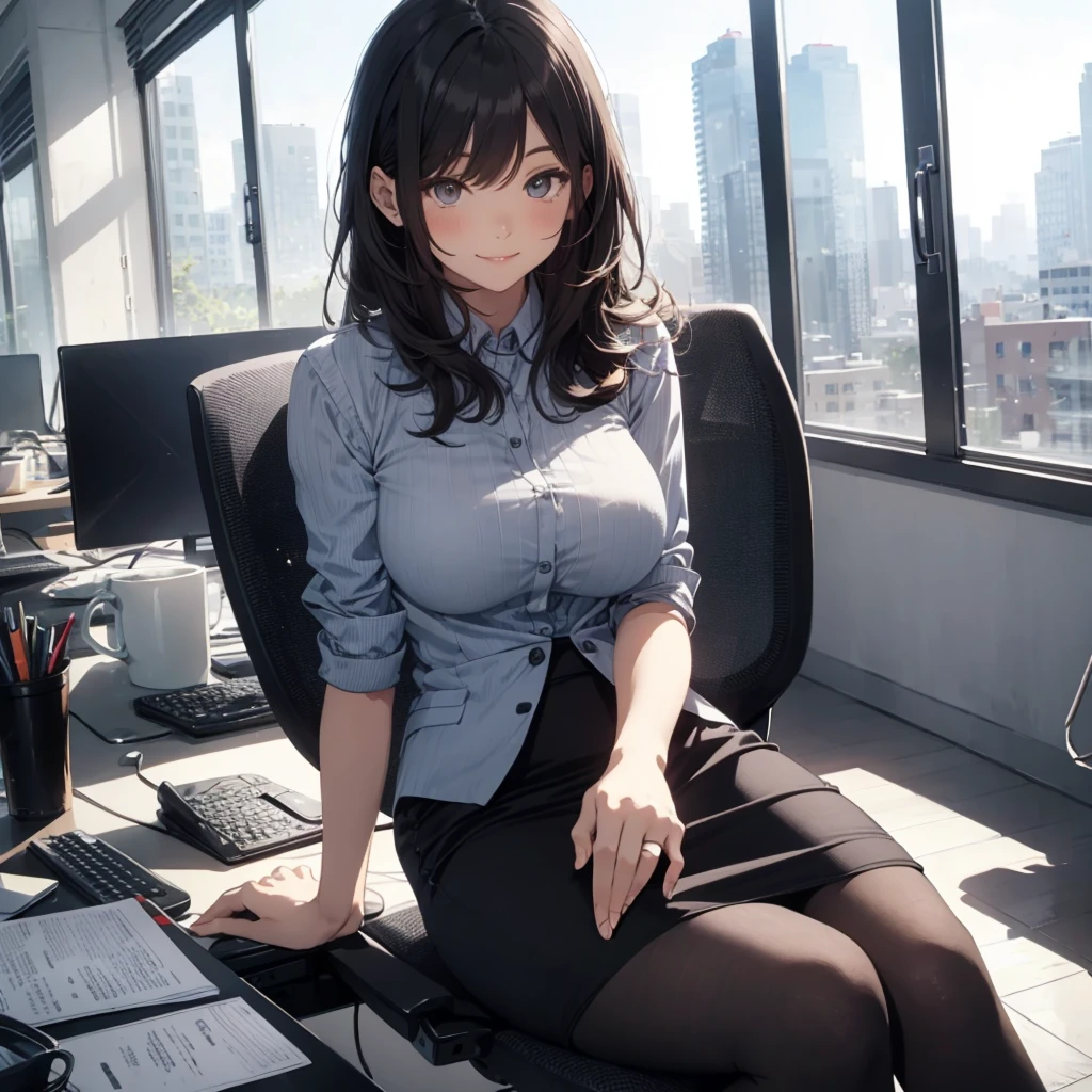 1lady sitting (crossed legs), office worker (stylish outfit), (gray vest) (pencil skirt), mature female, /(dark brown hair/) bangs, blush kind smile, (masterpiece best quality:1.2) delicate illustration ultra-detailed, large breasts, pantyhose BREAK (modern office indoors), window cityscape, detailed background