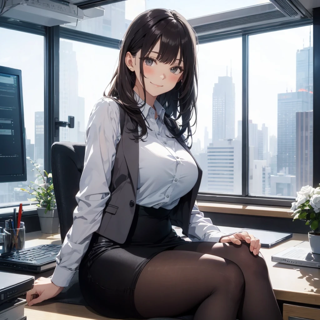 1lady sitting (crossed legs), office worker (stylish outfit), (gray vest) (pencil skirt), mature female, /(dark brown hair/) bangs, blush kind smile, (masterpiece best quality:1.2) delicate illustration ultra-detailed, large breasts, pantyhose BREAK (modern office indoors), window cityscape, detailed background