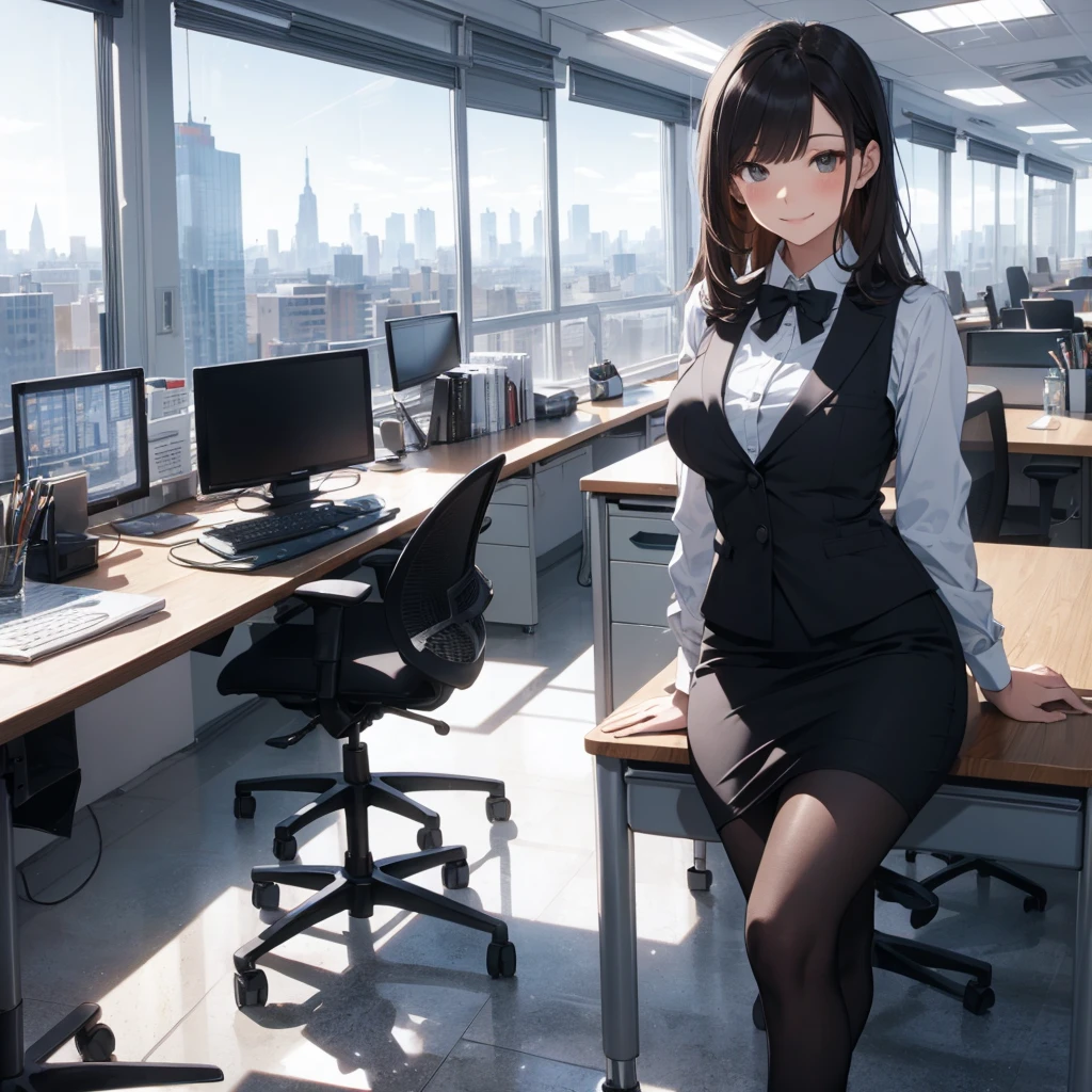1lady sitting (crossed legs), office worker (stylish outfit), (gray vest) (pencil skirt), mature female, /(dark brown hair/) bangs, blush kind smile, (masterpiece best quality:1.2) delicate illustration ultra-detailed, large breasts, pantyhose BREAK (modern office indoors), window cityscape, detailed background