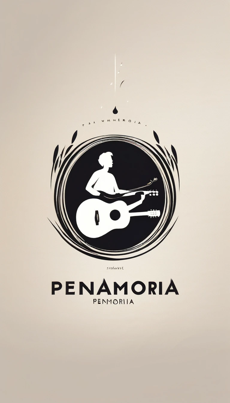 A minimal, modern, simple, cinematic logotype for the brand “Penamemoria". The logotype must be a simple, magical feather and a boy playing acoustic guitar. The logo must convey a sense of music, stories and dreams. Logo design impressed on a book cover. Minimalistic logo