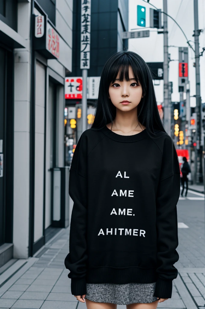 aesthetic anime, girl,Black sweater with text printed on sweater ("Ame") All Capital, tokyo background