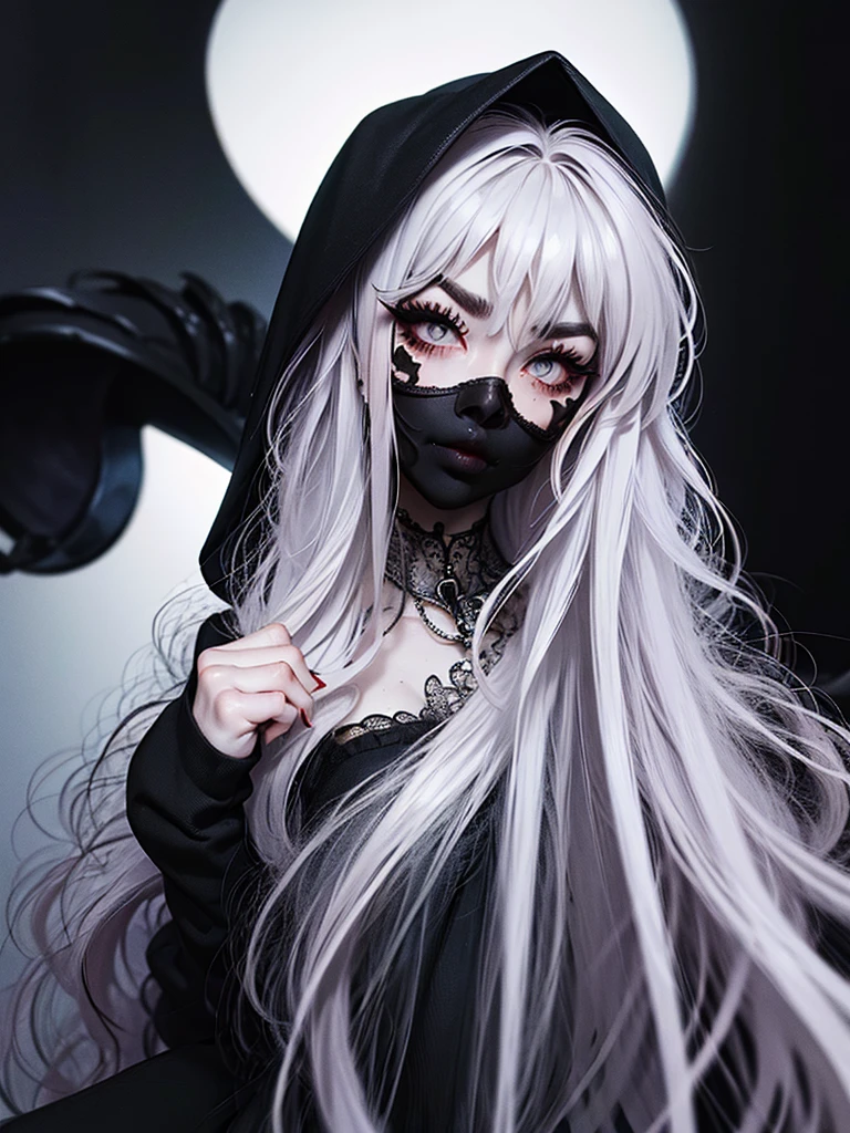 ((best quality)), ((masterpiece)), (detailed), 1girl, solo, beautiful, gothic, witch, gloomy, Asian woman, mature, black clothing, hooded black robe, modest clothing, hood up, goddess of death, blank expression, stoic expression, serious expression, split dye hair, multicolored hair, black and white hair, black dye on right side, white hair on left side, messy hair, bangs, black eyebrows, thick eyebrows, long eyelashes, grey eyes, dark circles under eyes, plump lips, red lipstick, red lips, no skin showing, skinny, pale skin, thin, sickly looking, looking at viewer, holding scythe, in graveyard, Wylona Hayashi, all black clothing, black hood, full body shot, cemetery background, standing, standing in a cemetery, holding scythe, windy, wind blowing, black long sleeves, black witch clothing, black religious clothing