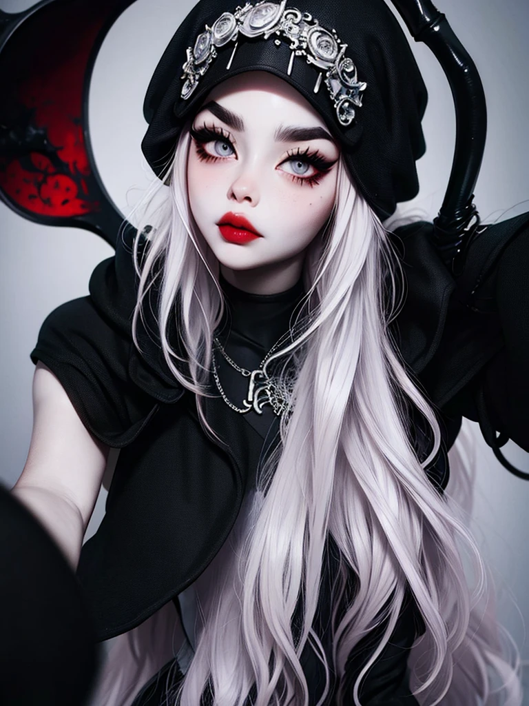 ((best quality)), ((masterpiece)), (detailed), 1girl, solo, beautiful, gothic, witch, gloomy, Asian woman, mature, black clothing, hooded black robe, modest clothing, hood up, goddess of death, blank expression, stoic expression, serious expression, split dye hair, multicolored hair, black and white hair, black dye on right side, white hair on left side, messy hair, bangs, black eyebrows, thick eyebrows, long eyelashes, grey eyes, dark circles under eyes, plump lips, red lipstick, red lips, no skin showing, skinny, pale skin, thin, sickly looking, looking at viewer, holding scythe, in graveyard, Wylona Hayashi, all black clothing, black hood, full body shot, cemetery background, standing, standing in a cemetery, holding scythe, windy, wind blowing, black long sleeves, black witch clothing, black religious clothing