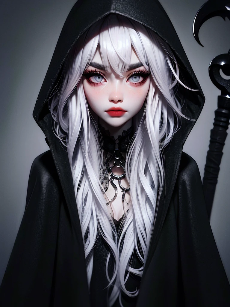 ((best quality)), ((masterpiece)), (detailed), 1girl, solo, beautiful, gothic, witch, gloomy, Asian woman, mature, black clothing, hooded black robe, modest clothing, hood up, goddess of death, blank expression, stoic expression, serious expression, split dye hair, multicolored hair, black and white hair, black dye on right side, white hair on left side, messy hair, bangs, black eyebrows, thick eyebrows, long eyelashes, grey eyes, dark circles under eyes, plump lips, red lipstick, red lips, no skin showing, skinny, pale skin, thin, sickly looking, looking at viewer, holding scythe, in graveyard, Wylona Hayashi, all black clothing, black hood, full body shot, cemetery background, standing, standing in a cemetery, holding scythe, windy, wind blowing, black long sleeves, black witch clothing, black religious clothing