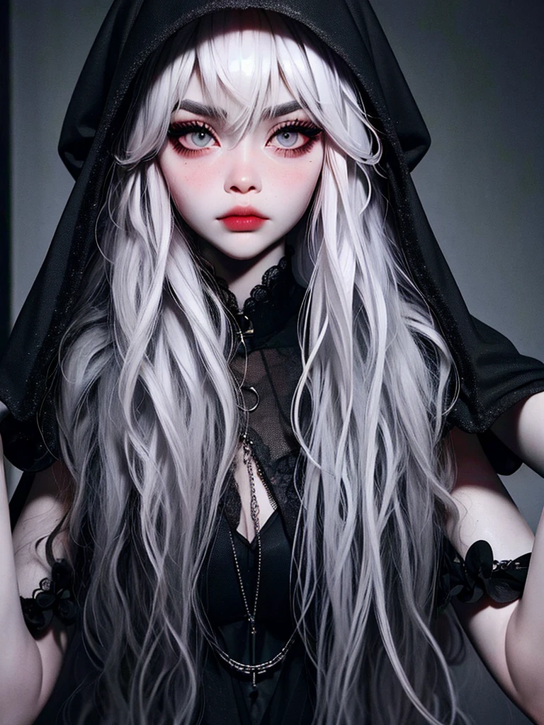 ((best quality)), ((masterpiece)), (detailed), 1girl, solo, beautiful, gothic, witch, gloomy, Asian woman, mature, black clothing, hooded black robe, modest clothing, hood up, goddess of death, blank expression, stoic expression, serious expression, split dye hair, multicolored hair, black and white hair, black dye on right side, white hair on left side, messy hair, bangs, black eyebrows, thick eyebrows, long eyelashes, grey eyes, dark circles under eyes, plump lips, red lipstick, red lips, no skin showing, skinny, pale skin, thin, sickly looking, looking at viewer, holding scythe, in graveyard, Wylona Hayashi, all black clothing, black hood, full body shot, cemetery background, standing, standing in a cemetery, holding scythe, windy, wind blowing, black long sleeves, black witch clothing, black religious clothing