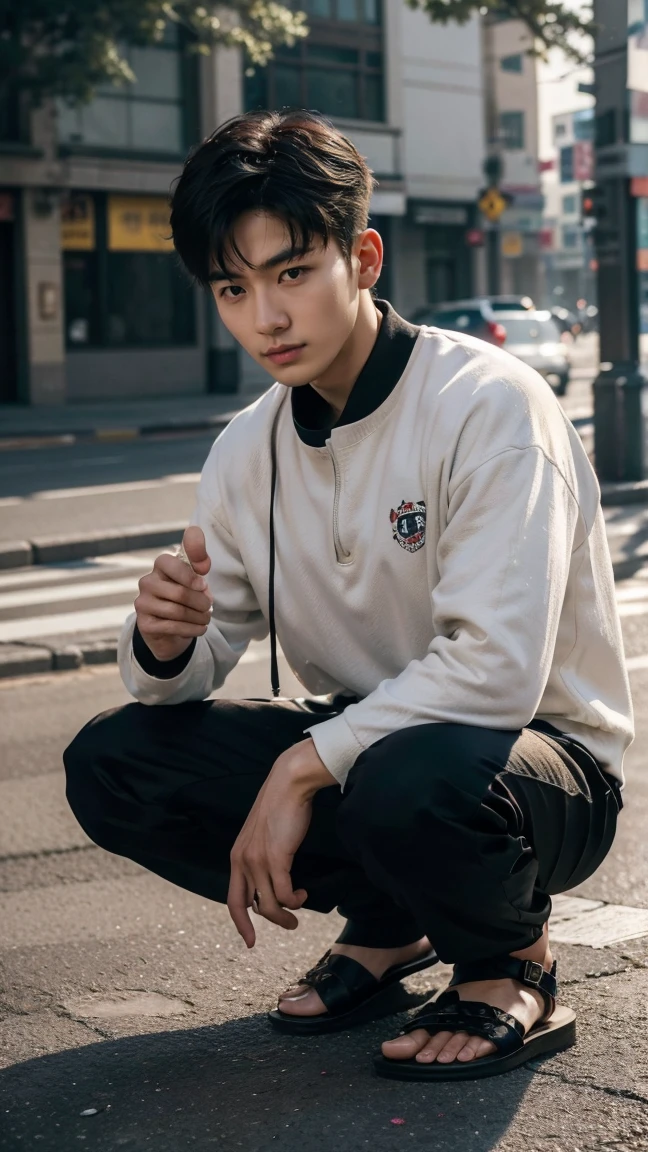 In this fascinating photo、The photo shows a handsome Korean man in his 30s.、He is wearing a black tracksuit and black sandals.、 He was crouching on the edge of an outdoor street environment.., Colorful dust, Holi Festival, Bathed in the golden light of a beautiful day. With unparalleled attention to detail., This realistic portrait blends National Geographic style。., 8K resolution captures skin texture in fine detail. Leica digital SLR camera. His features were clearly visible., From deep-set eyes to a chiseled jawline., Make this image a true masterpiece..lift. (8K Ultra HD、Raw photo、Photorealistic Portraits Leica Digital SLR、Realistic images)