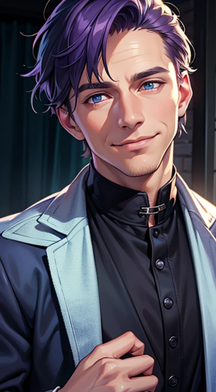 (best quality, masterpiece, 8K, photorealistic, cinematic lighting, 1:4 hdr image, ultra detailed, beautiful image), a mature man, 35 years very handsome, ((cold expression smile in love)), short purple hair, blue eyes, face perfect without mistakes, ((buttoning his jacket, CEO)), smile.
