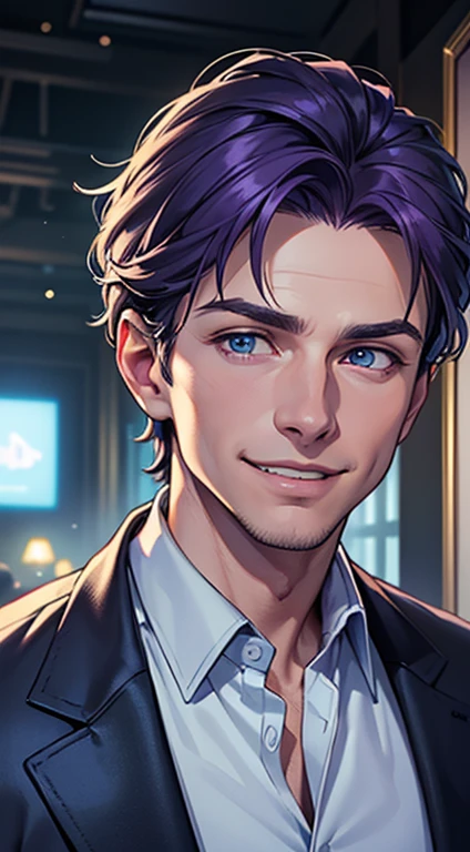 (best quality, masterpiece, 8K, photorealistic, cinematic lighting, 1:4 hdr image, ultra detailed, beautiful image), a mature man, 35 years very handsome, ((cold expression smile in love)), short purple hair, blue eyes, face perfect without mistakes, ((buttoning his jacket, CEO)), smile.