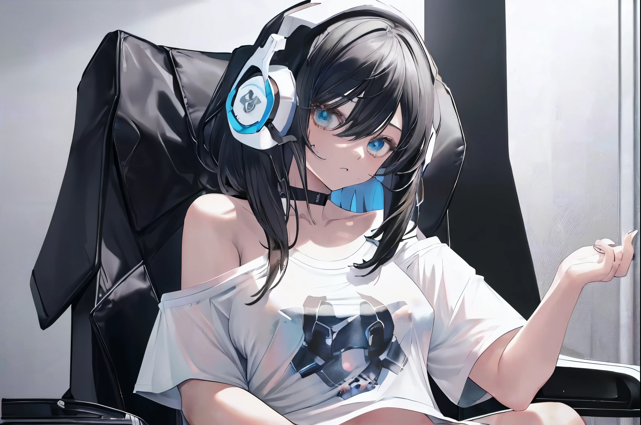 masterpiece, highest quality, 1 girl, solo exia def, black hair,headphones, choker, off shoulder, (Big T-shirt:1.3),too big,length,(nipple slip from), clavicle, bottomless,(white panties:1.3),(sit on a gaming chair:1.5),cowboy shot,(holding a game controller),open_legs,groin,solo,thighs,solo