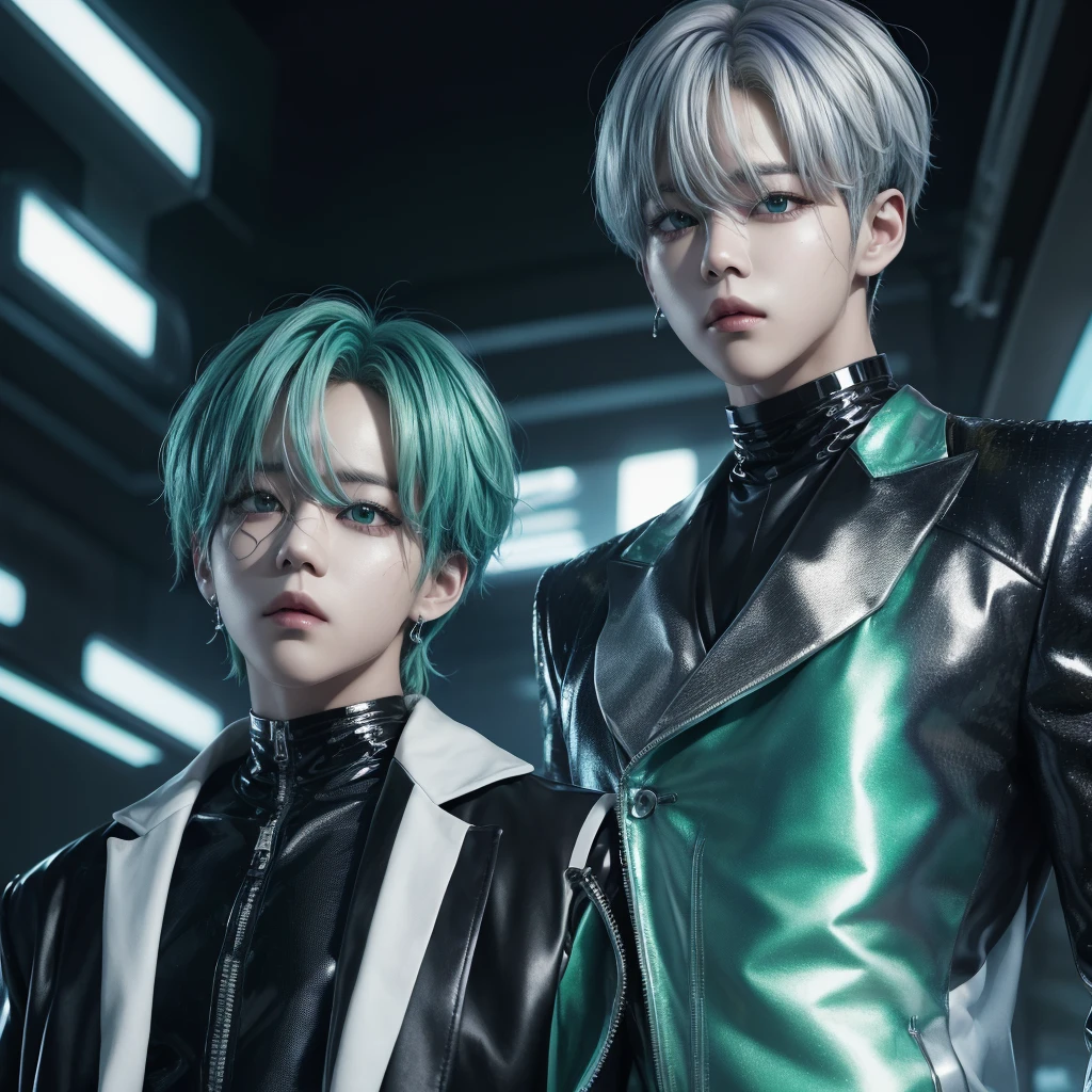 1. "Crea una imagen de Jimin de BTS con silver hair, one eye blue and the other green, wearing a shiny cyberpunk outfit in metallic tones."
2. "Imagine Jimin from BTS with a futuristic look: silver hair, one blue eye and one green eye, wearing a shiny chrome colored jacket and holographic pants."
3. "Diseña una ilustración de Jimin de BTS con silver hair, Different colored eyes and a bright outfit with cyber tones, like neon and silver."
4. "Make a digital representation of Jimin from BTS with a cyberpunk style: silver hair, one blue eye and one green eye, wearing a metal jacket with shiny details."
5. "Create an image of Jimin from BTS with a futuristic look: silver hair, eyes of opposite colors and wearing a shiny suit in metallic and cyber tones."