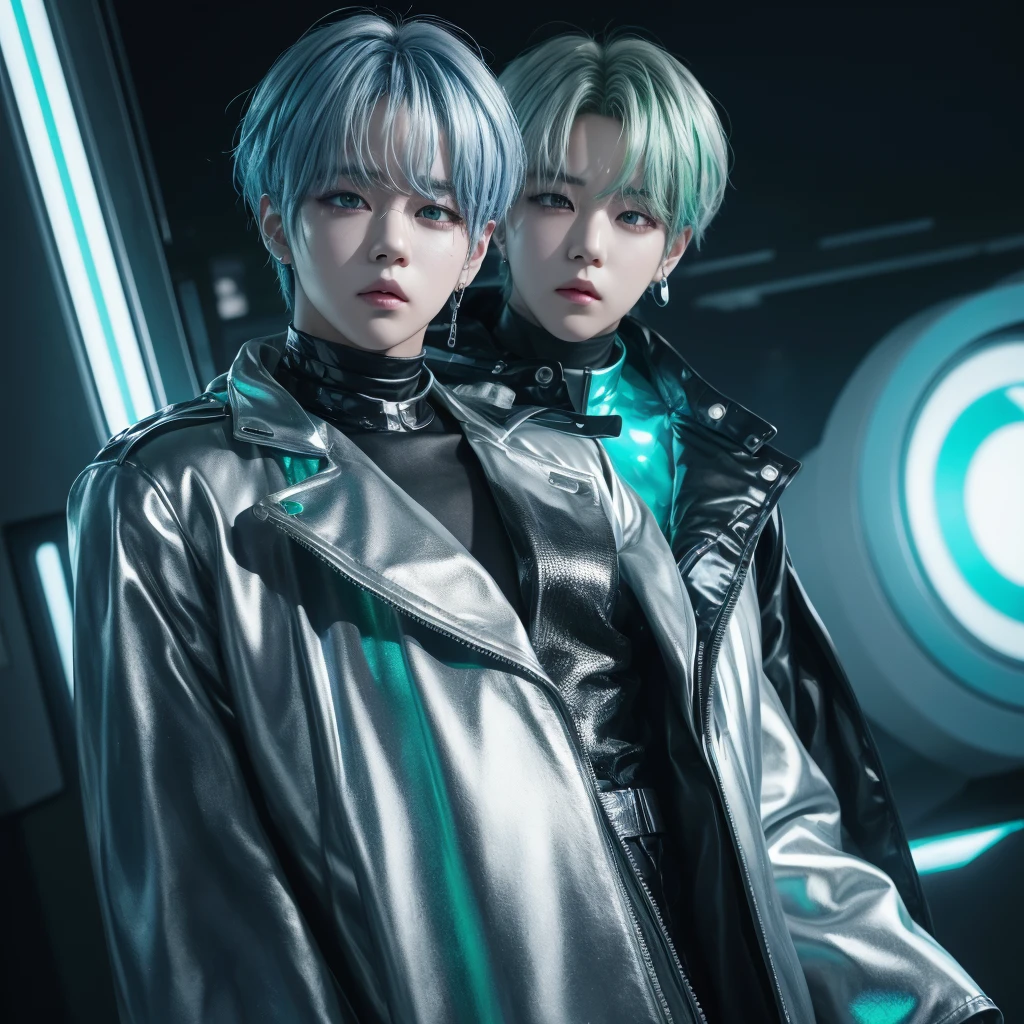 1. "Crea una imagen de Jimin de BTS con silver hair, one eye blue and the other green, wearing a shiny cyberpunk outfit in metallic tones."
2. "Imagine Jimin from BTS with a futuristic look: silver hair, one blue eye and one green eye, wearing a shiny chrome colored jacket and holographic pants."
3. "Diseña una ilustración de Jimin de BTS con silver hair, Different colored eyes and a bright outfit with cyber tones, like neon and silver."
4. "Make a digital representation of Jimin from BTS with a cyberpunk style: silver hair, one blue eye and one green eye, wearing a metal jacket with shiny details."
5. "Create an image of Jimin from BTS with a futuristic look: silver hair, eyes of opposite colors and wearing a shiny suit in metallic and cyber tones."