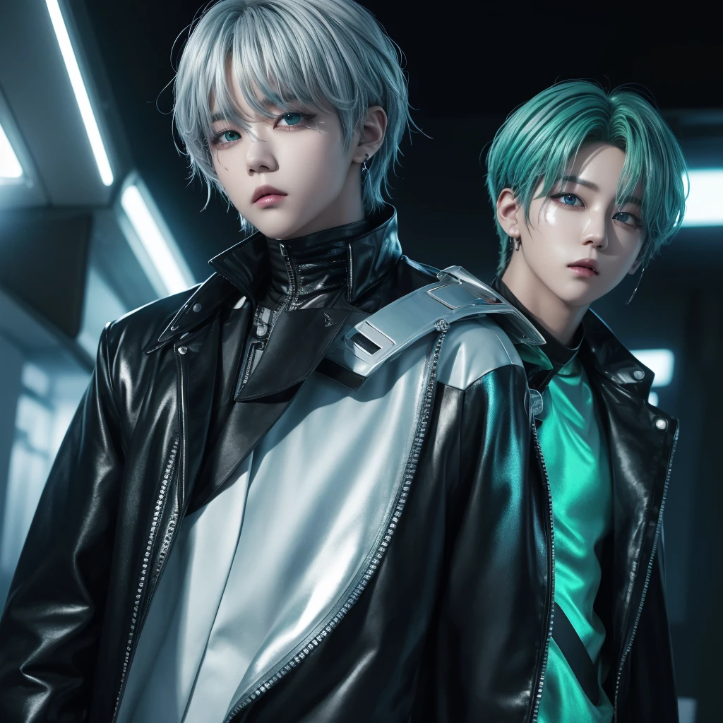 1. "Crea una imagen de Jimin de BTS con silver hair, one eye blue and the other green, wearing a shiny cyberpunk outfit in metallic tones."
2. "Imagine Jimin from BTS with a futuristic look: silver hair, one blue eye and one green eye, wearing a shiny chrome colored jacket and holographic pants."
3. "Diseña una ilustración de Jimin de BTS con silver hair, Different colored eyes and a bright outfit with cyber tones, like neon and silver."
4. "Make a digital representation of Jimin from BTS with a cyberpunk style: silver hair, one blue eye and one green eye, wearing a metal jacket with shiny details."
5. "Create an image of Jimin from BTS with a futuristic look: silver hair, eyes of opposite colors and wearing a shiny suit in metallic and cyber tones."