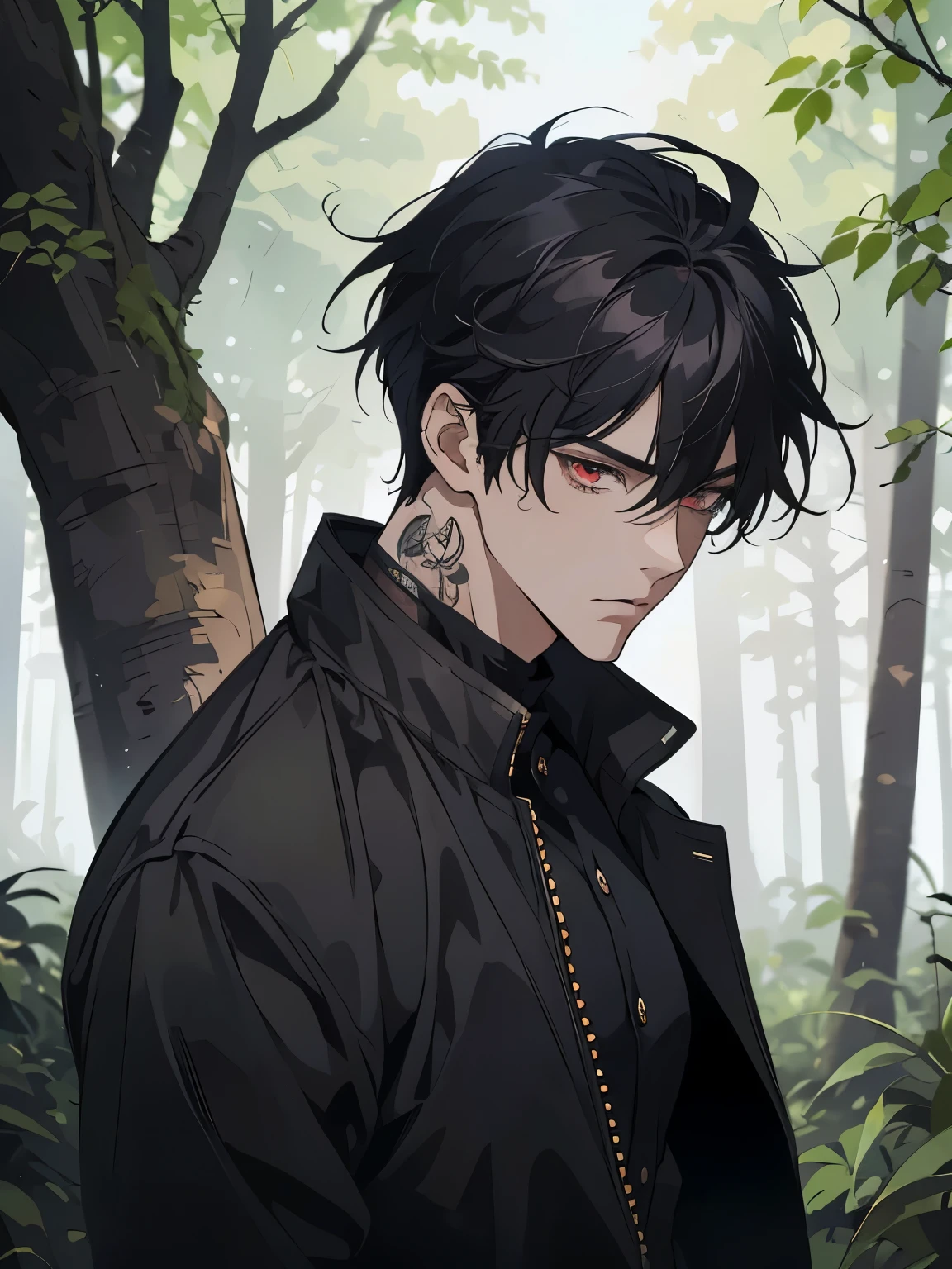 anime - style image of a man in a black jacket, white shirt, handsome guy in demon slayer art, anime lush john 8k woods, male anime style, handsome japanese demon boy, beautiful androgynous prince, anime handsome man, anime portrait of a handsome man, male anime character, badass anime 8 k, artwork in the style of guweiz, red eyes, mad face, beautiful eye, black hair, tenn boy, one boy, tatto on neck