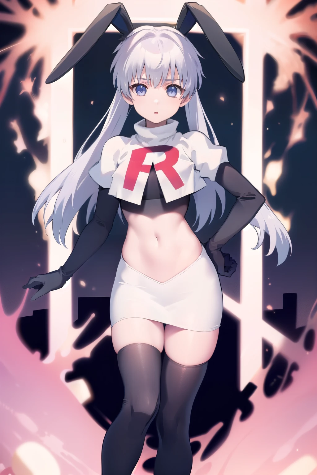 solo, Yashiro Kasumi, twintails, blue eyes, white hair, fake rabbit ears, team rocket,team rocket uniform,white skirt,red letter R,crop top,black thigh-highs,black elbow gloves