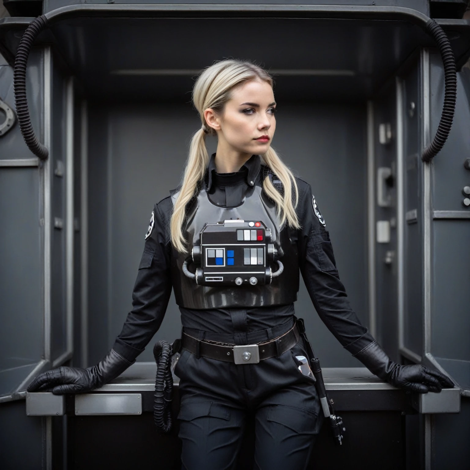 a cinematic film portrait still of a young and attractive female pale instagram model wearing Tie Pilot uniform, with platinum hair tied in a bun and wearing an officer cap, sitting on her sci-fi bunk bed, in a sci-fi ship, full body shot . shallow depth of field, vignette, highly detailed, high budget Hollywood movie by baz luhrmann, bokeh, cinemascope, moody, epic, gorgeous, film grain, grainy