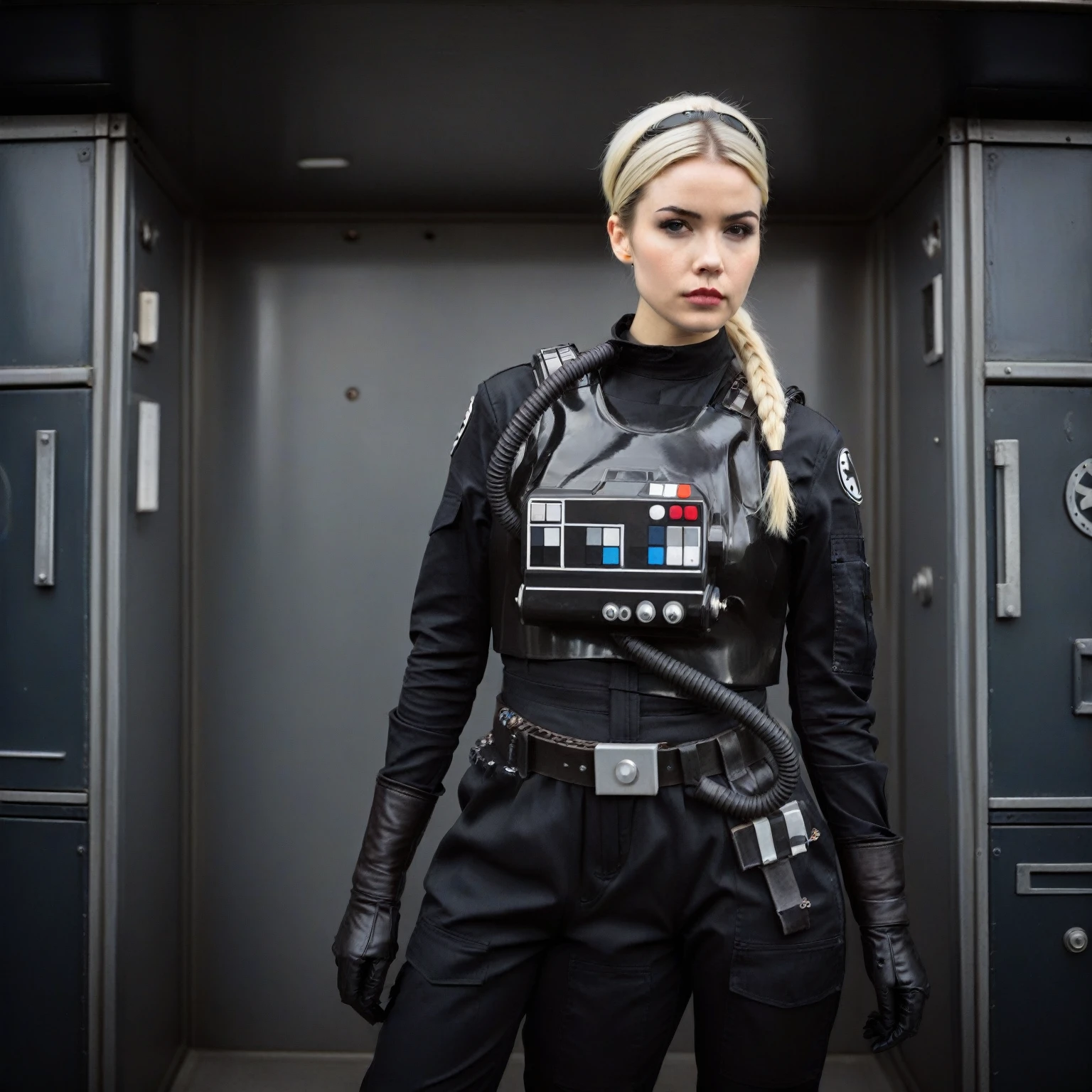 a cinematic film portrait still of a young and attractive female pale instagram model wearing Tie Pilot uniform, with platinum hair tied in a bun and wearing an officer cap, sitting on her sci-fi bunk bed, in a sci-fi ship, full body shot . shallow depth of field, vignette, highly detailed, high budget Hollywood movie by baz luhrmann, bokeh, cinemascope, moody, epic, gorgeous, film grain, grainy