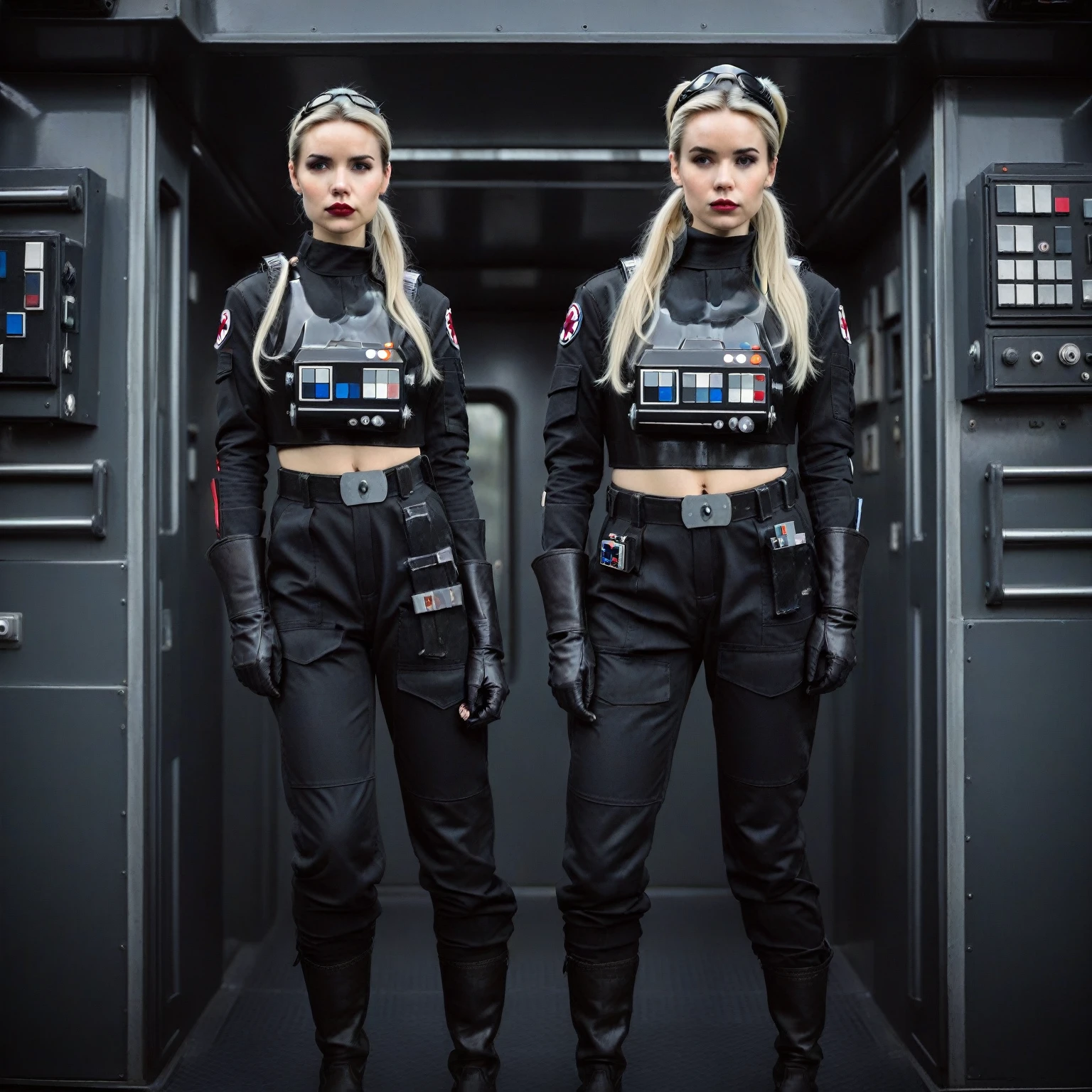 a cinematic film portrait still of a young and attractive female pale instagram model wearing Tie Pilot uniform, with platinum hair tied in a bun and wearing an officer cap, sitting on her sci-fi bunk bed, in a sci-fi ship, full body shot . shallow depth of field, vignette, highly detailed, high budget Hollywood movie by baz luhrmann, bokeh, cinemascope, moody, epic, gorgeous, film grain, grainy