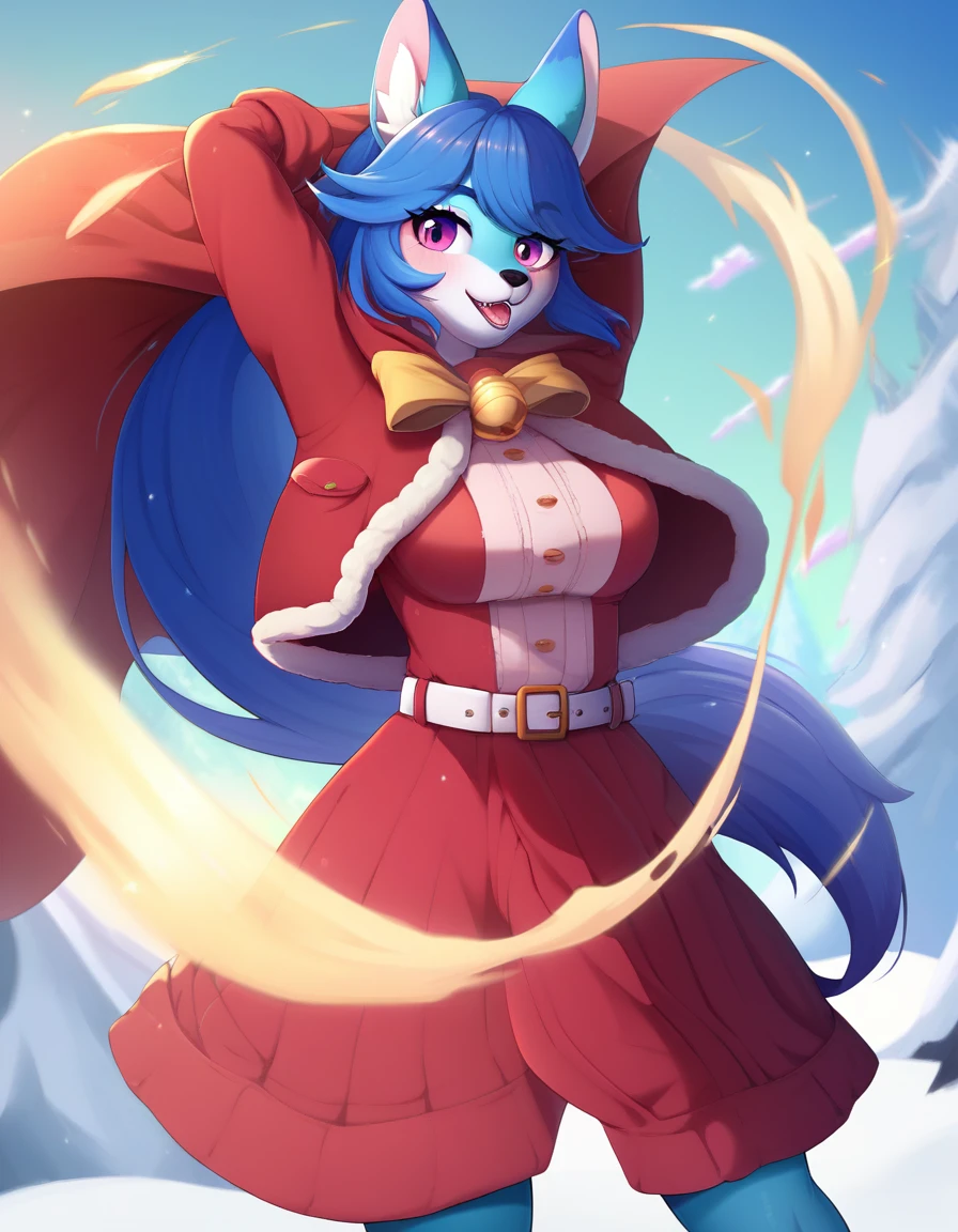 (Masterpiece: 1.2), exquisite and detailed, 4k: 1.2, 8k: 1.2, high resolution: 1.2, furry kemono commission style, In the realm of anime art style, there exists a masterpiece of top-quality, showcasing an ultra-realistic 8K CG image of a fascinating character. This enchanting figure is that of a woman, with the appearance of a wolf, boasting long, silvery hair cascading down her back. Dressed in a deep red hooded coat, fastened at the waist with a contrasting white belt, she exudes an aura of mystery and allure. Enveloped by the soothing, snow-dusted backdrop, she stands with dramatic shadows cast upon the ground, with the soft light delicately illuminating her perfect features. The anime artistry of this exquis