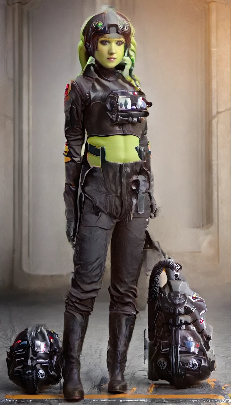 A beautiful sexy , hera syndulla, green skin (detailed realistic,4k,highres,masterpiece:1.2),Tie Pilot uniform