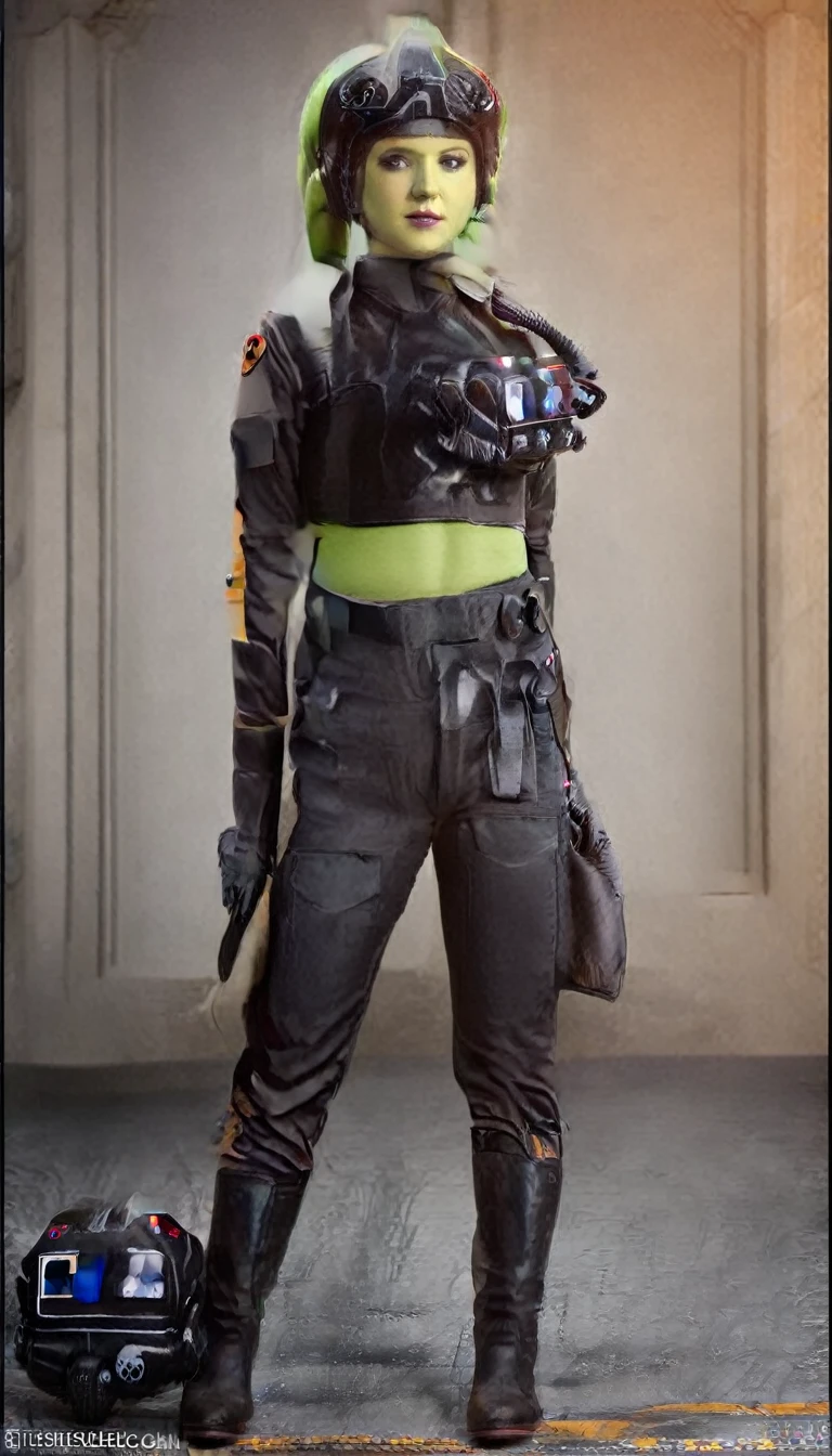 A beautiful sexy , hera syndulla, green skin (detailed realistic,4k,highres,masterpiece:1.2),Tie Pilot uniform
