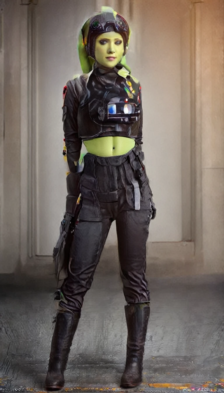 A beautiful sexy , hera syndulla, green skin (detailed realistic,4k,highres,masterpiece:1.2),Tie Pilot uniform
