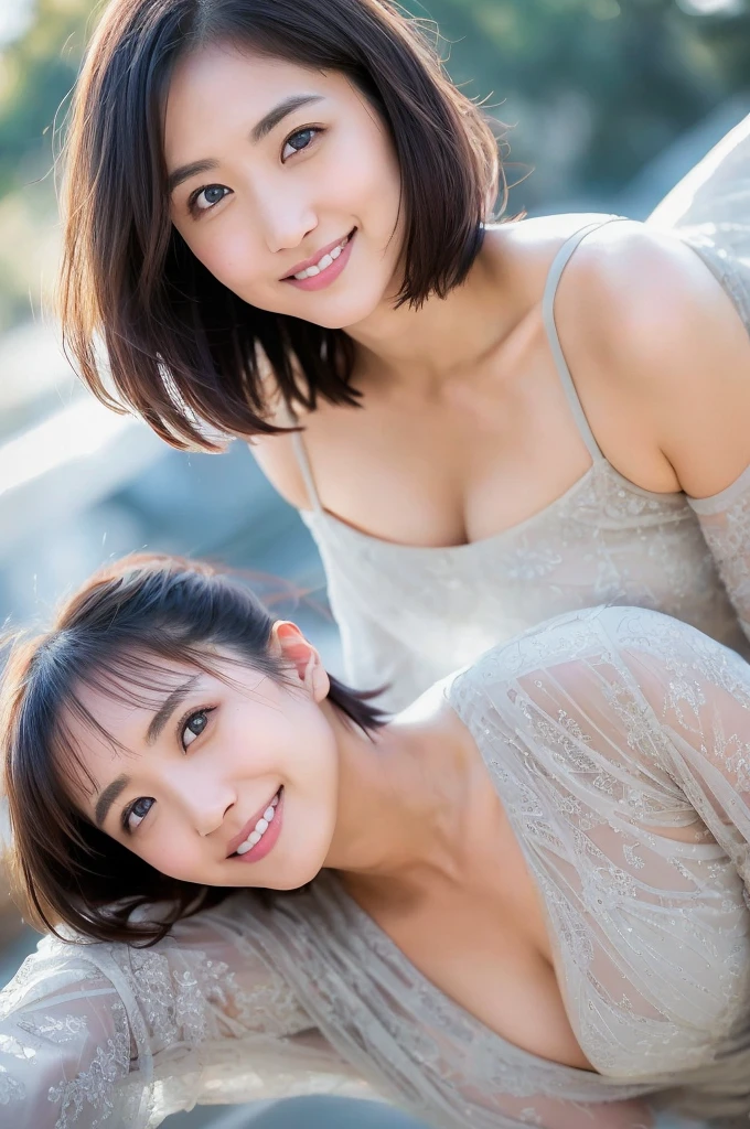 You are a professional gravure photographer.。future、Beautiful Eyes、 ((highest quality)), Clear contours, Woman with beautiful face, (((One Girl,alone))), ((Beautiful Eyes)), Sex Appeal,Albedo and Specular Maps、Accurate simulation of lightweight material interactions、Very Short Hair、smile、Show off your thighs、From above