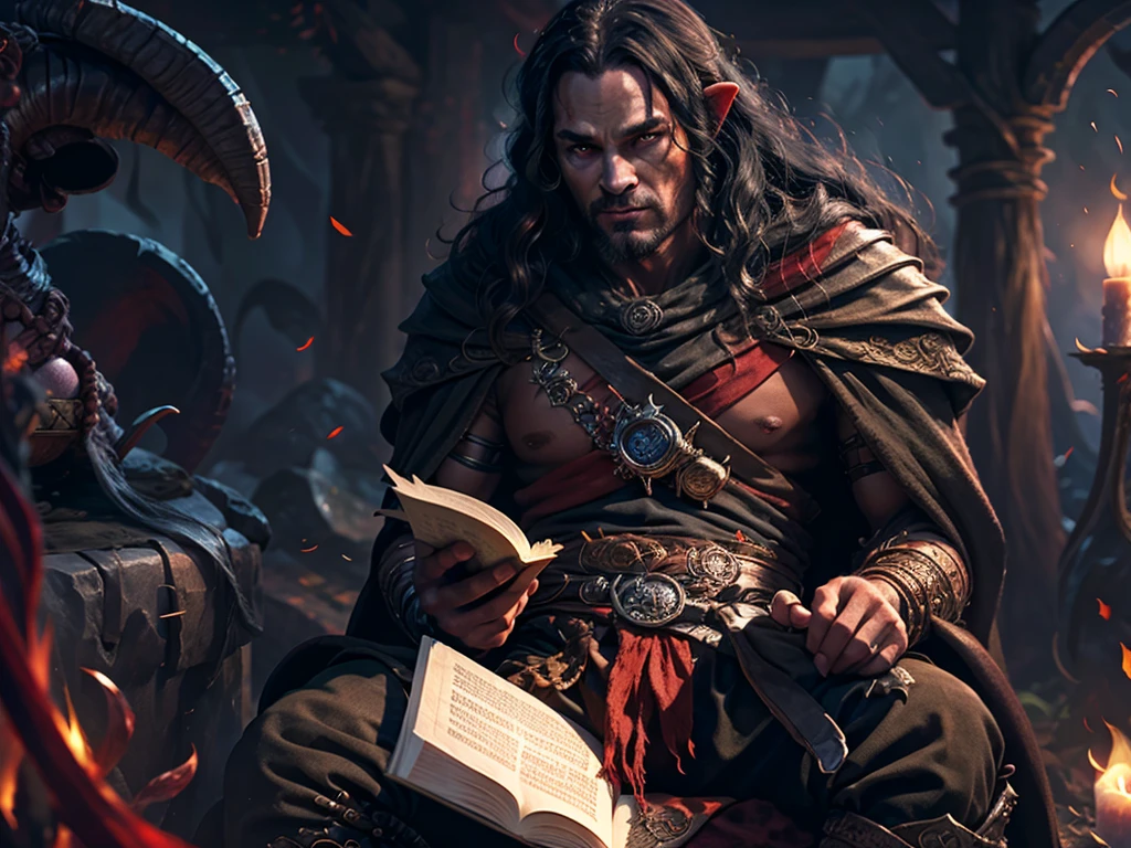 male red skinned tiefling savage sitting down trying to read a childrens book, long black hair, black horns, hell background, red skin, dnd, colored