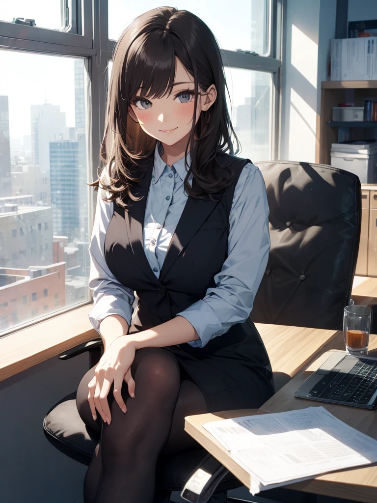 1lady sitting (crossed legs), office worker (stylish outfit), (gray vest) (pencil skirt), mature female, /(dark brown hair/) bangs, blush kind smile, (masterpiece best quality:1.2) delicate illustration ultra-detailed, large breasts, pantyhose BREAK (modern office indoors), window cityscape, detailed background