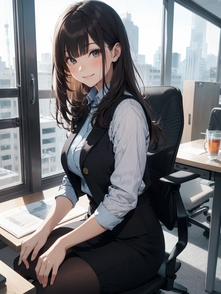 1lady sitting (crossed legs), office worker (stylish outfit), (gray vest) (pencil skirt), mature female, /(dark brown hair/) bangs, blush kind smile, (masterpiece best quality:1.2) delicate illustration ultra-detailed, large breasts, pantyhose BREAK (modern office indoors), window cityscape, detailed background