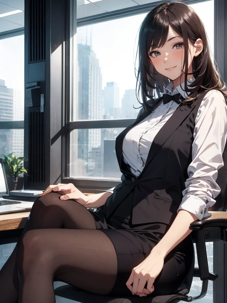 1lady sitting (crossed legs), office worker (stylish outfit), (gray vest) (pencil skirt), mature female, /(dark brown hair/) bangs, blush kind smile, (masterpiece best quality:1.2) delicate illustration ultra-detailed, large breasts, pantyhose BREAK (modern office indoors), window cityscape, detailed background
