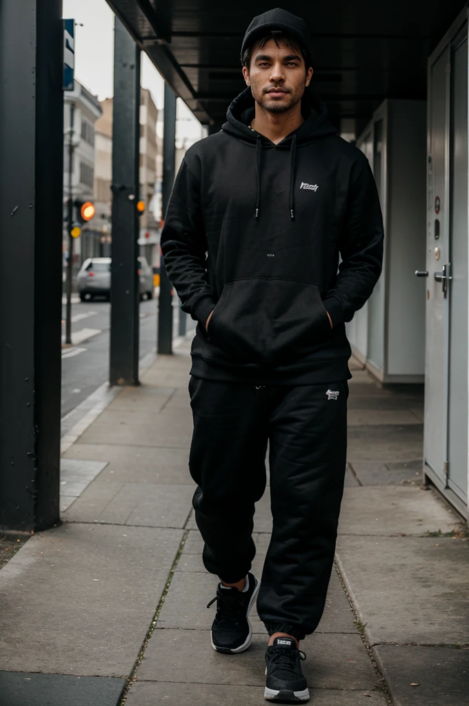 Man get surprise, black hoodie, full body looking at viewer