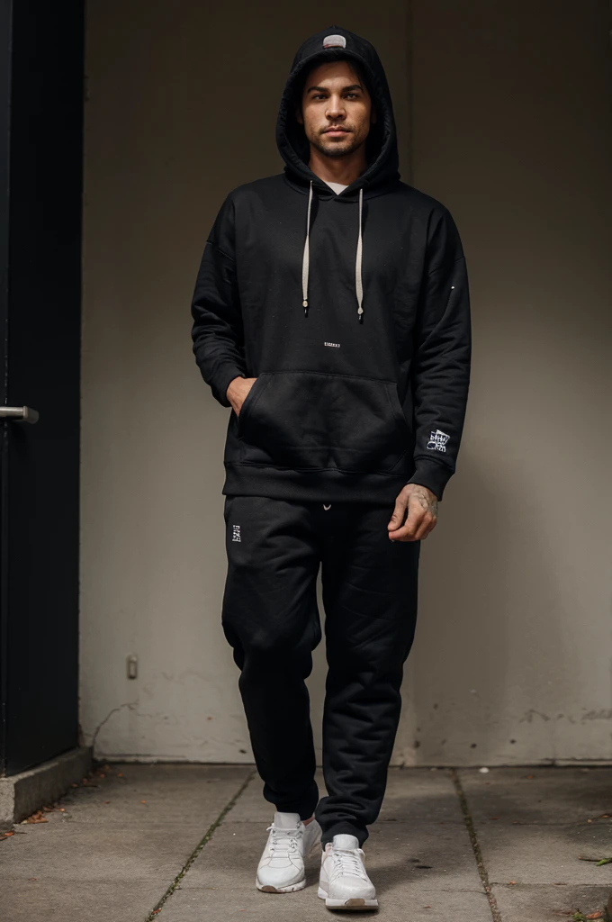 Man get surprise, black hoodie, full body looking at viewer 