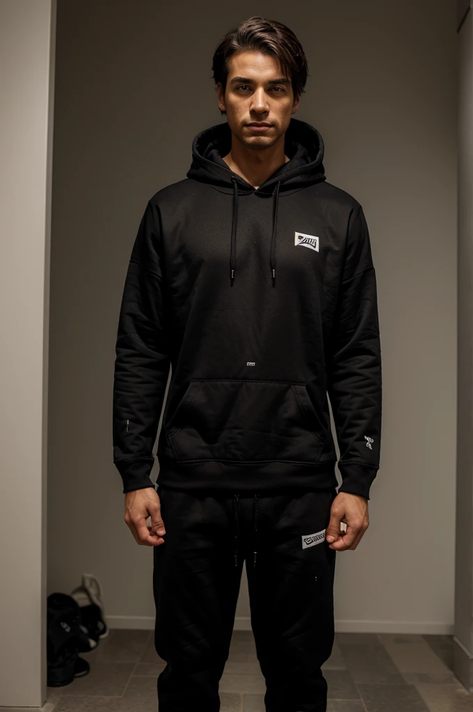 Man get surprise, black hoodie, full body looking at viewer