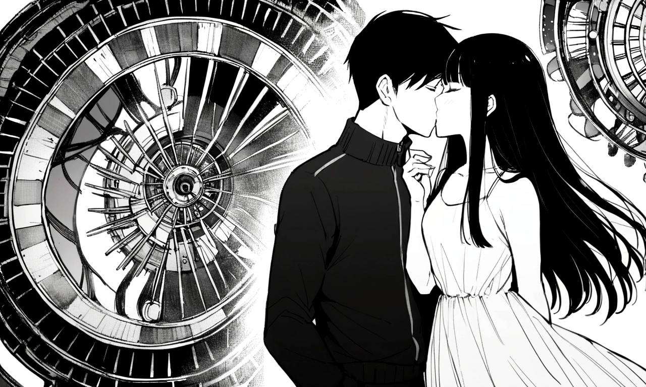black and white drawing, giant clockwork background, 26-year-old male on the left 1, black neat hair, a lonely face, wearing gray tracksuit, Beautiful woman on the right 1, long straight hair, wearing a white dress, 서로에게 kiss하다, kiss