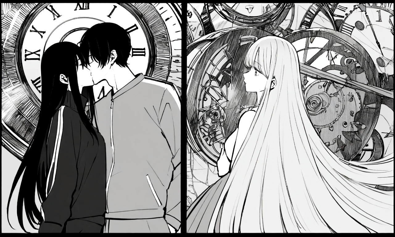 black and white drawing, giant clockwork background, 26-year-old male on the left 1, black neat hair, a lonely face, wearing gray tracksuit, Beautiful woman on the right 1, long straight hair, wearing a white dress, 서로에게 kiss하다, kiss