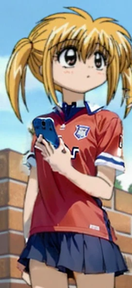 a close up of a person holding a cell phone near a brick wall, anime girl named lucy, aya takano color style, wearing a school soccer uniform, anime style”, tsubasa nakai's style, wearing a volleyball jersey, aya takano, looking like annie leonhart, annie leonhart, yami kawaii, lucky star, as an anime character
