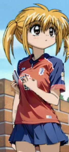 a close up of a person holding a cell phone near a brick wall, anime girl named lucy, aya takano color style, wearing a school soccer uniform, anime style”, tsubasa nakai's style, wearing a volleyball jersey, aya takano, looking like annie leonhart, annie leonhart, yami kawaii, lucky star, as an anime character
